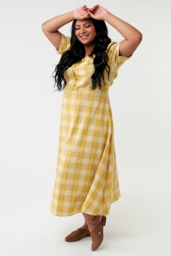 womens yellow and cream sweetheart neck pleated sleeve dress
